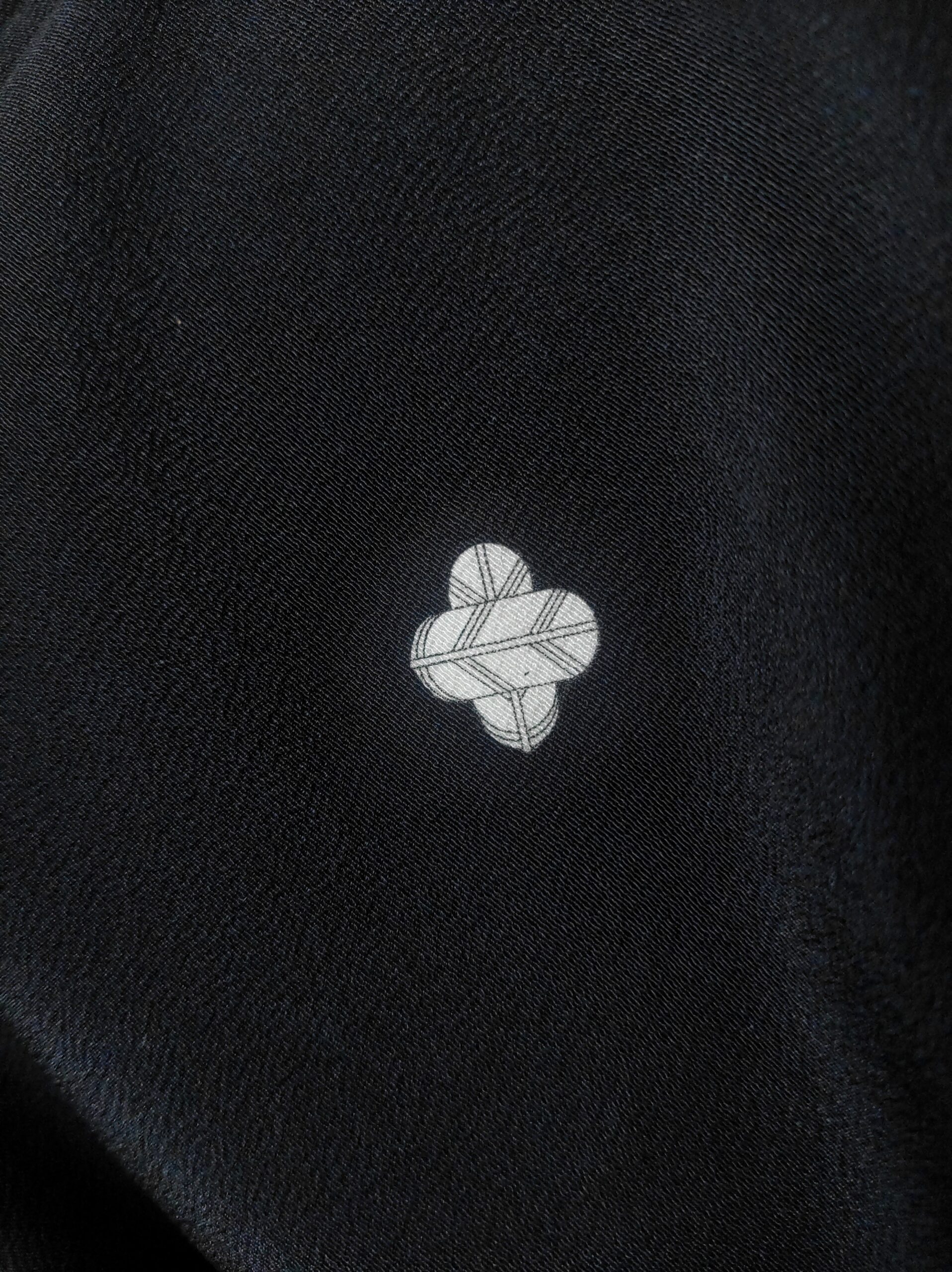 Photographie d'un emblème familial japonais peint sur tissu de soie.