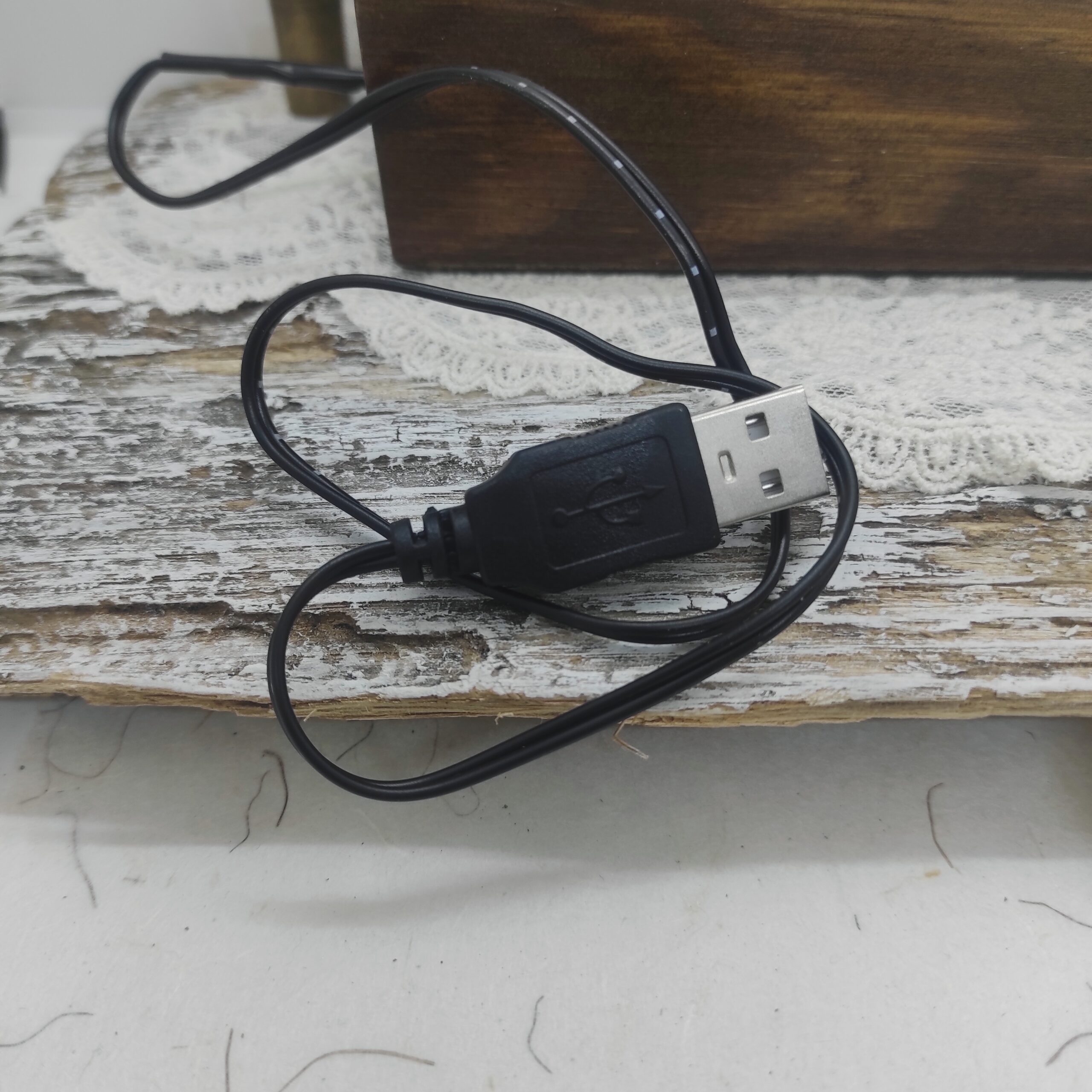 Image du câble USB d'une lampe faite d'oursins et de bois