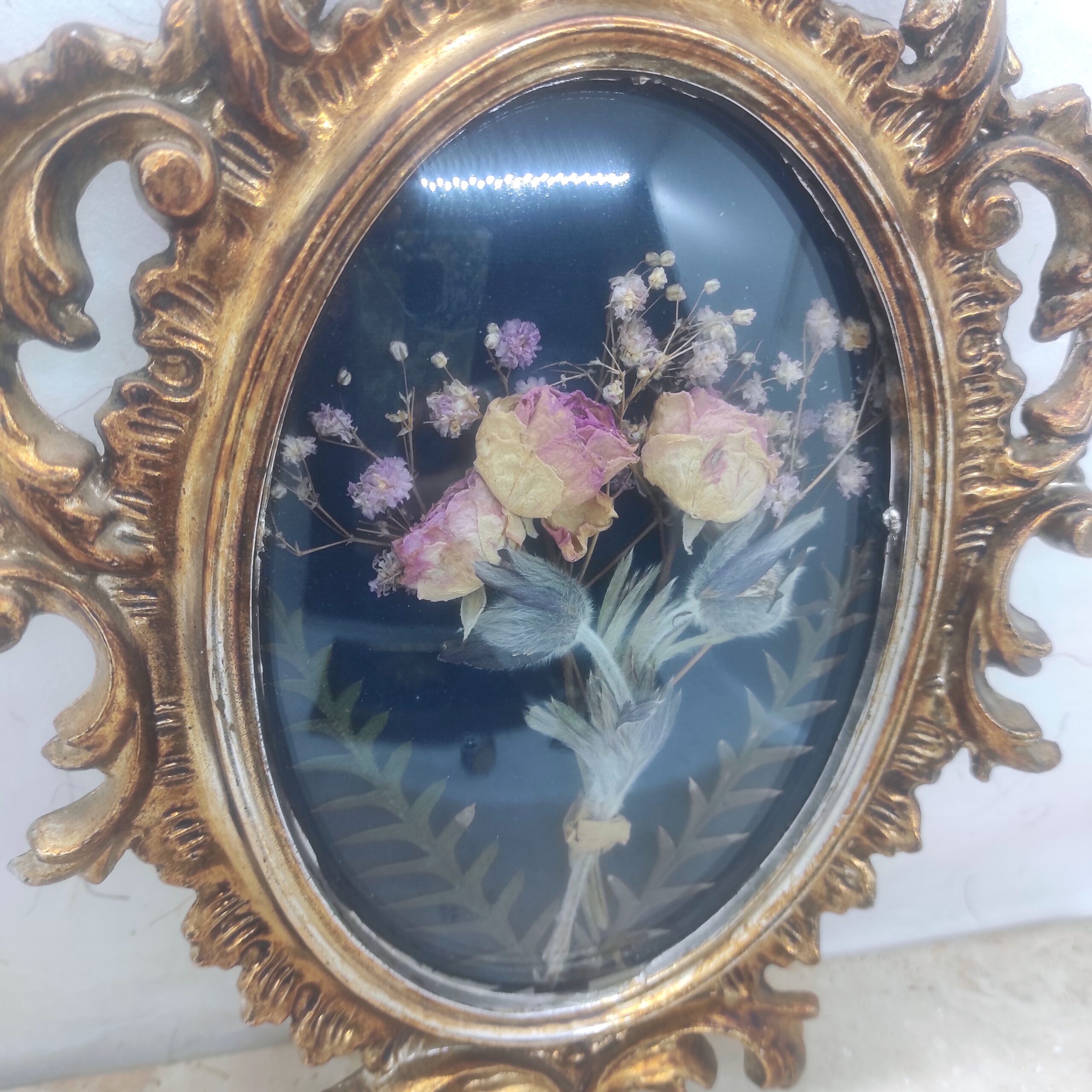 Close-up d'un bouquet de roses séchées constituant un herbier sous verre bombé
